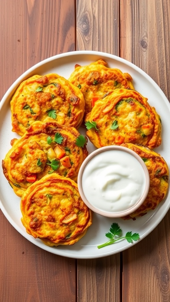 Baked vegetable fritters on a plate with herbs and yogurt dip.